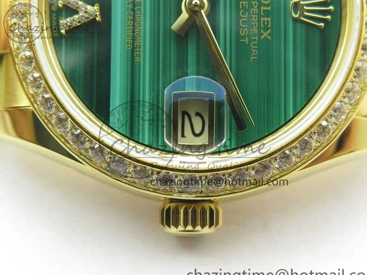 MiroTime 0408 Versatile Daydate 278288 31mm YG EWF Best Edition Green Malachite Dial Crystal Markers on YG President Bracelet ETA 2606